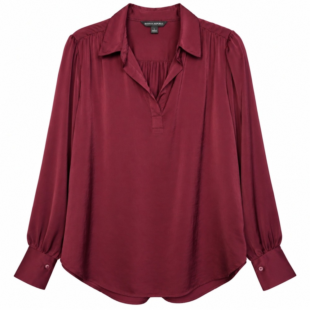 Banana Republic Women L Burgundy Satin Blouse Collared Tunic Office Siren Workwe